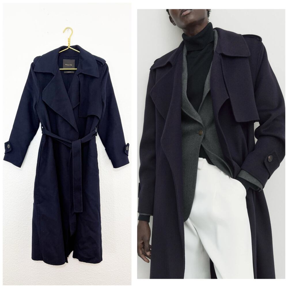 Massimo Dutti Navy Wool Trench Coat Size XS Meghan Markle Classic Chic Oversized